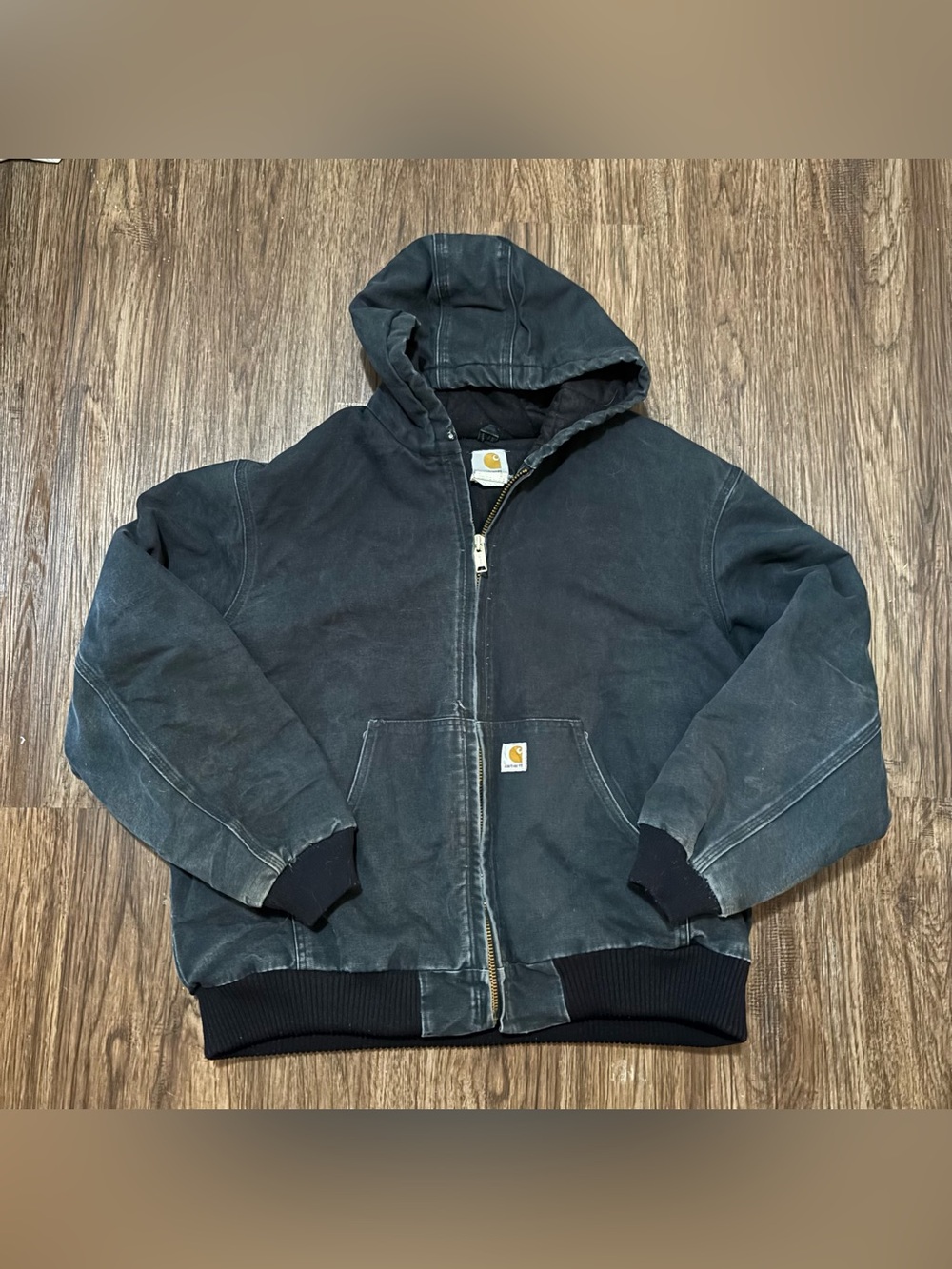Carhartt J140 Black Faded Distressed Hooded Work Jacket 2XL USA Made